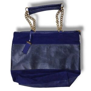 Arezzo Large Bag Blue Leather Gold Chain Carry Handle Zip Top‎ Closure Pockets